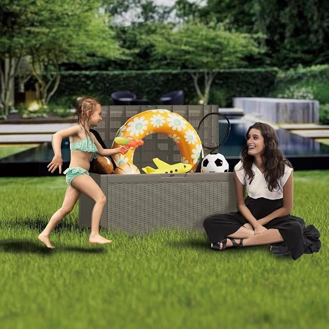 Mersco 100 Gallon Double-Wall Resin Deck Box - Lockable Waterproof Outdoor Storage Box, 1000lbs Capacity & Doubles as Seating for Patio Furniture - Garden Tools, Pool Accessories (Grey)