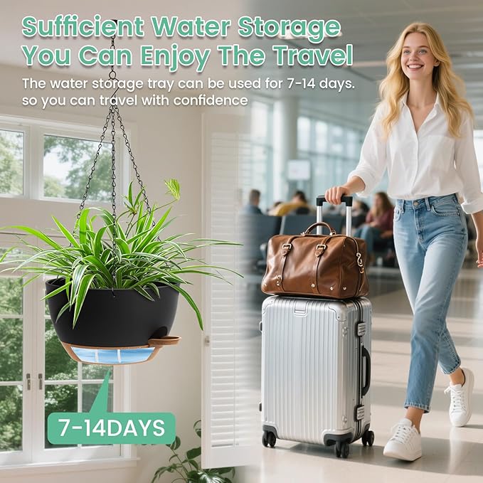 Set of 3-10 Inch Self Watering Hanging Planters for Indoor & Outdoor，Hanging Plant Pots with Drainage & Removable Tray, Hanging Pots Holder for Ivy, Pothos, Ferns, Balcony & Patio, Black with Brown
