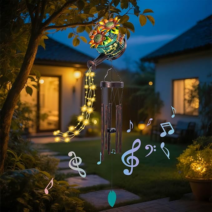 MUMTOP Solar Wind Chimes for Outside - Solar Watering Can Wind Chimes Outdoor Unique with String Warm Light, Glass Windchimes Clearance for Garden, Patio,Yard Decor Gift
