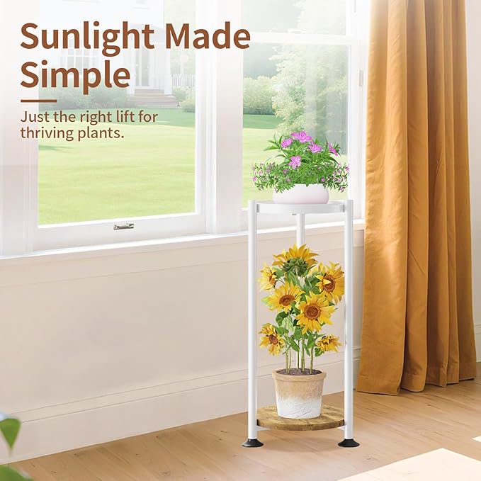 LASZOLA 2 Tier White Plant Stand Indoor for Large Tall Heavy Duty Flower Planter, Metal Vertical Multi Level Rack for Narrow Floor Corner, Sturdy Round Holder Organizer, Modern, Mid Century, Farmhouse