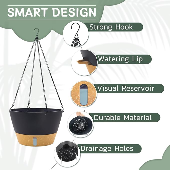ZMTECH 12 Inch Hanging Planters for Indoor, Large Hanging Plant Pot with Visible Water Level and Chain, Self Watering Hanging Flower Pot for Outdoor Garden Porch(Dark Gray)