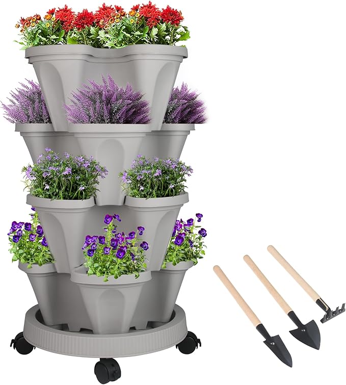 GameXcel Vertical Planter 4 Tier Stackable Planters Garden Planters Strawberry Herb Flower and Vegetable Planter Indoor Outdoor Gardening Pots with Removable Wheels and Tools