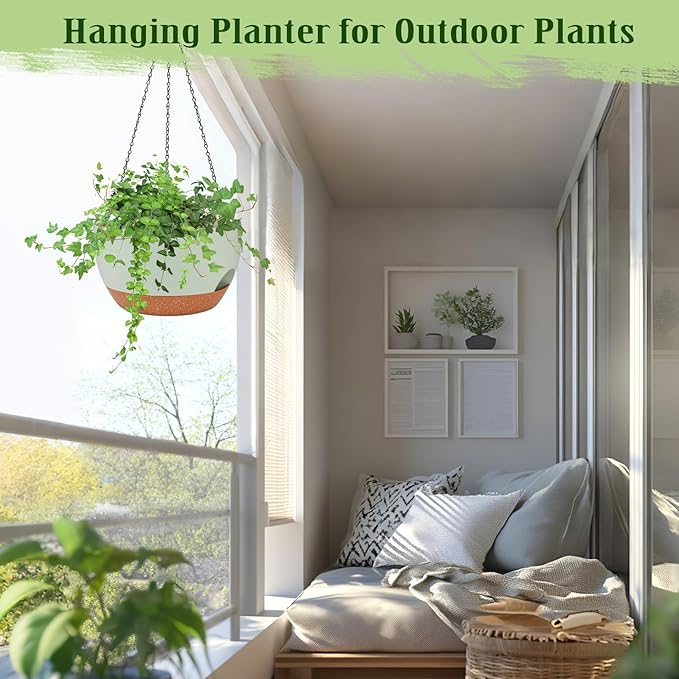 Hanging Planters for Outdoor Indoor Plants, 2 Pack 12 Inch Hanging Basket Plants Outdoor, Self Watering Hanging Planter with Plant Hanger for Garden Home Decoration (Green, 10 inch)