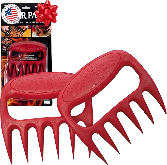 Bear Paws Meat Claws - The Original Meat Shredder Claws for Pulled Pork, USA Made - Easily Lift, Shred, Pull and Serve Pork, Chicken, Brisket and Turkey - Gift for Dad on Christmas! (Red)