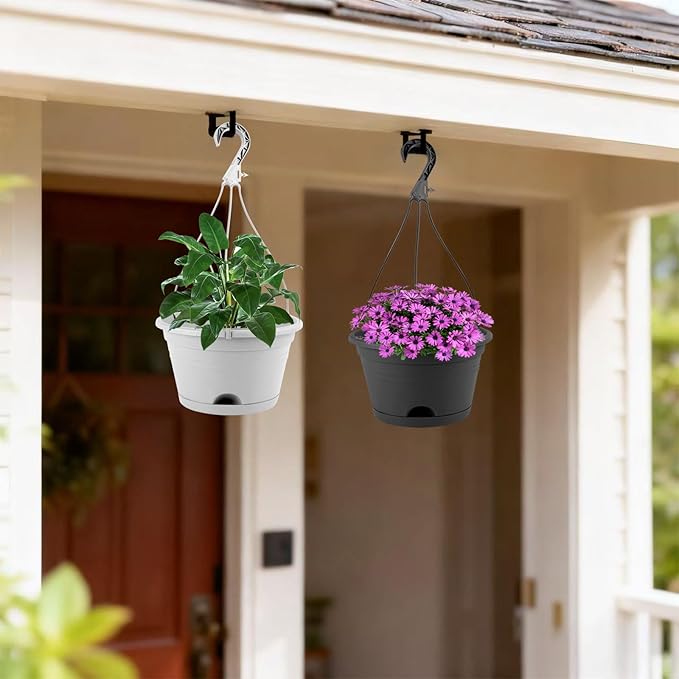 4 Pack Hanging Planters, 10 Inch Plant Pots with Hanger Chain & Drainage Trays, Hanging Baskets for Plants Outdoor Indoor, Flowers Pots for Home, Garden, Porch Decor (2 Grey + 2 Black)