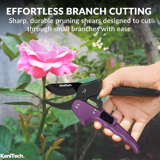KaniTech Pruning Shears for Gardening with Gloves - Heavy Duty Garden Shears, Aluminum Hand Pruners with TPR Grip Handle, 8 inch 3.55mm Thick Blade - for Branches, Flowers & Plants (Purple)