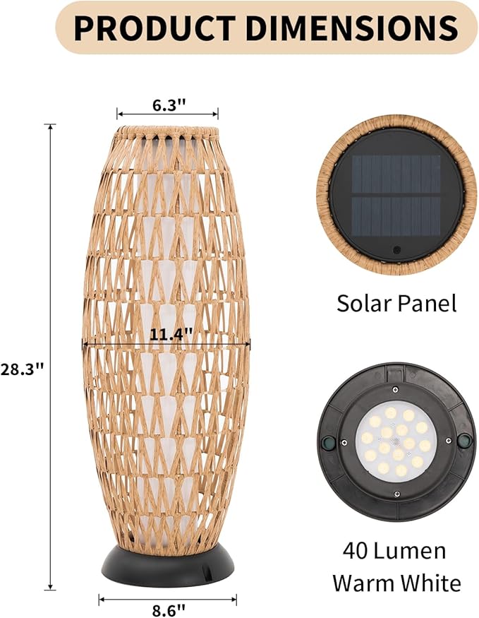 2 Pack Large Patio Solar Powered Lanterns for Garden Outdoor Decorative Floor Lamp Water-Resistant Wicker Lights for Deck Backyard