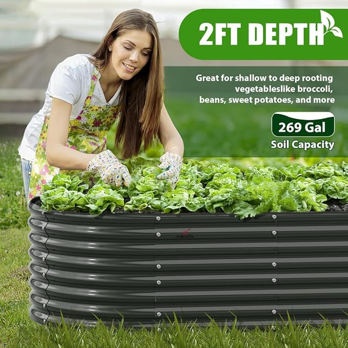 A ANLEOLIFE 6X3X2 ft Galvanized Raised Garden Beds Outdoor-2 Pack, Oval Large Metal Deep Root Planter Box for Planting Vegetables Flowers Herb, Anti-Rust & Easy-Setup, Quartz Grey