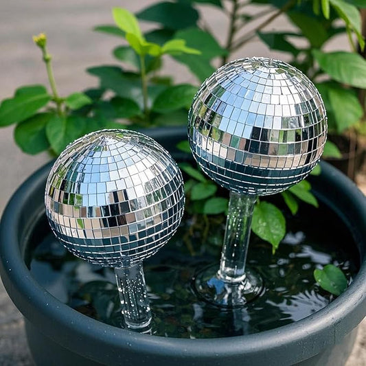 2 Pcs Plant Watering Globes with Disco Ball Decor,Self Watering Bulbs,Self Watering Globes,Sliver Glass Mirror Disco Ball Plant Aqua Bulb,Watering Stakes Spikes Water Bulbs for Indoor Outdoor Plant