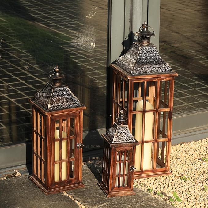 DECORKEY Large Farmhouse Wooden Metal Lantern Set of 3, 27''/22''/15'' H Rustic Decorative Indoor & Outdoor Hanging Candle Lanterns, Wooden Outdoor Lanterns for Patio Front Porch Table, Brown