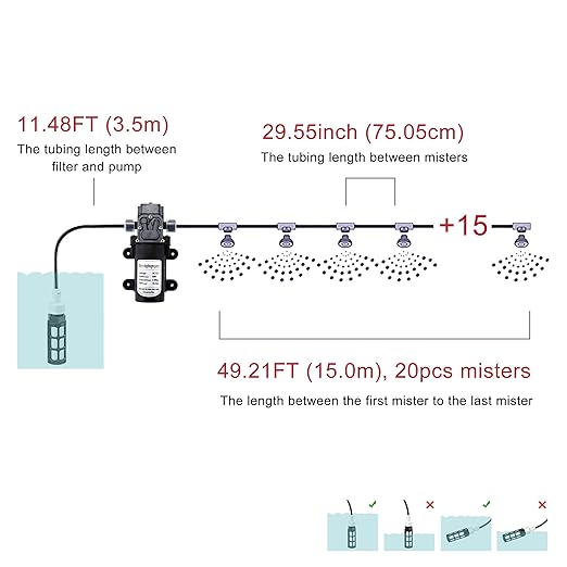Mornajina Outdoor Misting Cooling System with Pump Kit, 49.2FT(15M) Misting Line with Filter, 20 Brass Mist Nozzles, 1 Brass Adapter (3/4"), 12V DC 60W 5L/Min, Self Priming Sprayer Water Pump
