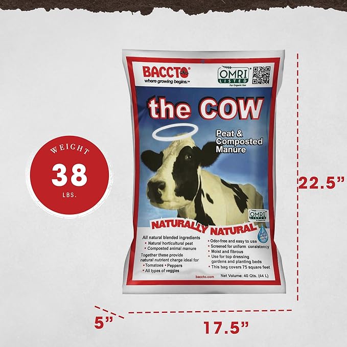Michigan Peat Baccto Wholly Cow Horticultural Compost and Manure for Soil Amendment, Lawn Care, Vegetable Garden Beds, and More, 40 Quart Bag