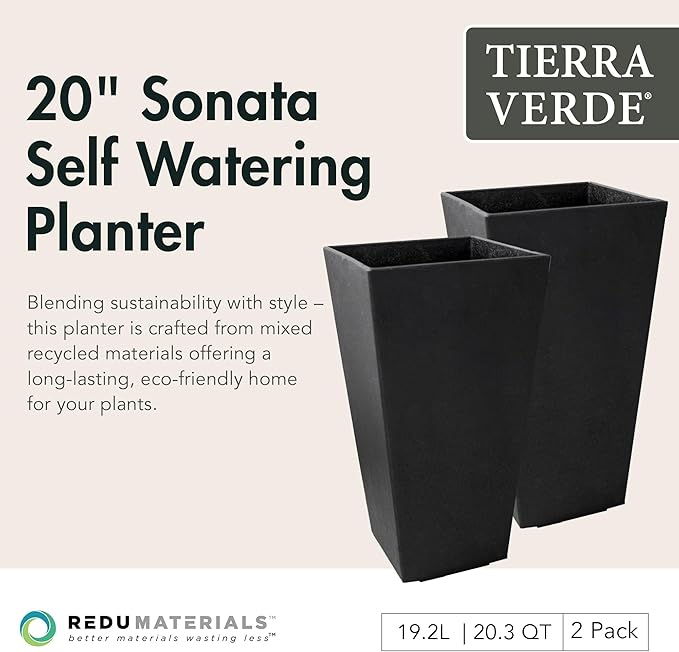 Tierra Verde 2-Pack Indoor & Outdoor Self-Watering Square Planters, Medium, Sonata, Black - Planter Containers for Plants and Flowers - Gardening and Landscaping Accessories