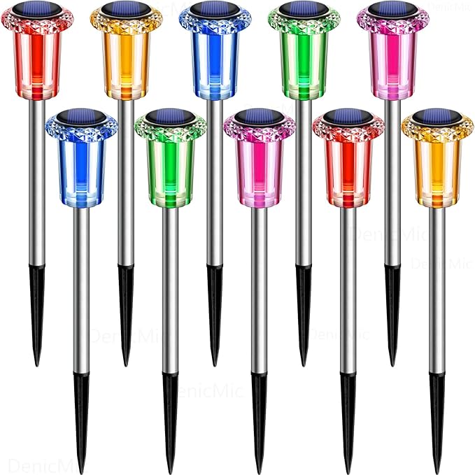 DenicMic Solar Lights Outdoor 10 Pack Waterproof Color LED Stainless Steel Stake Outside Lights for Yard Pathway Garden Driveway Walkway Landscape Path Lighting Christmas Decorations