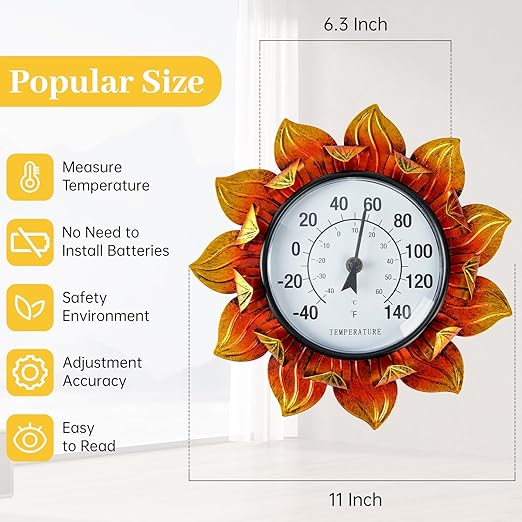 Sunflower Wall-Mounted Outdoor Thermometers, 11 Inch Indoor Outdoor Thermometer Decorative for Patio, Living Room,Wine Cellar, Garden Home Decor, No Batteries Required