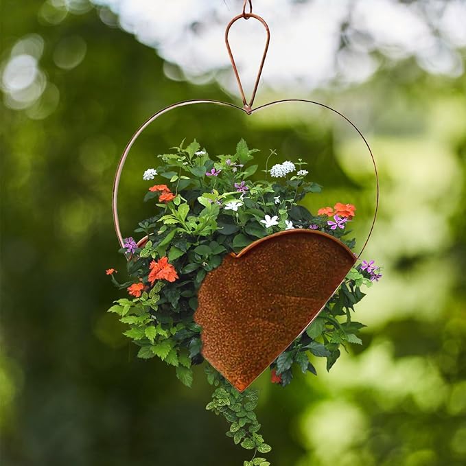 Metal Plant Hanger Outdoor & Indoor - Heart-Shaped Rustic Hanging Planter with Hook for Garden, Window, Wall