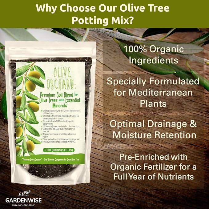 Organic Olive Tree Potting Mix – Fast-Draining, Nutrient-Rich Soil for Indoor & Outdoor Olive Trees – Mediterranean Plant Care – Long-Lasting Formula (5 QUARTS)