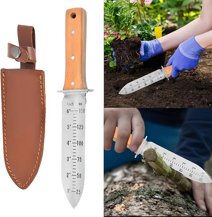 Garden Shovel Saw,Multifunctional Manual Weeding Tool for Weeding,Digging,Pruning,Cultivating, 7" Stainless Steel Blade with Sheath, Full-Tang Wood Handle with Hanging Hole (Beige)