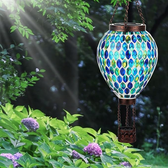 VOREEN Hot Air Balloon Solar Lantern, Handmade Mosaic Solar Outdoor Hanging Wind Light, Waterproof, Patio Festive Decor, Gift for Mom Wife Friend, Blue