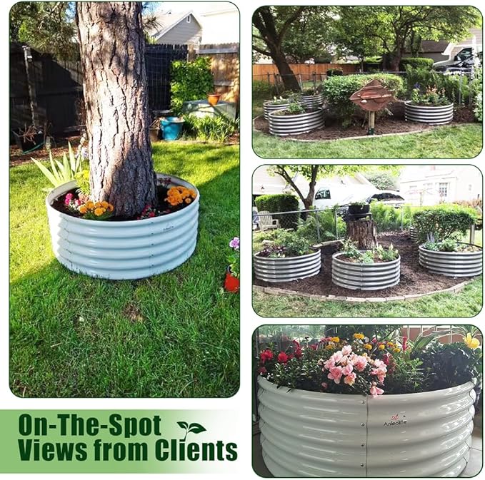 A ANLEOLIFE 6-Packs 4ft x 18” Tall Round Galvanized Raised Garden Beds Outdoor for Planting Vegetables Flowers Herb, Quartz Grey
