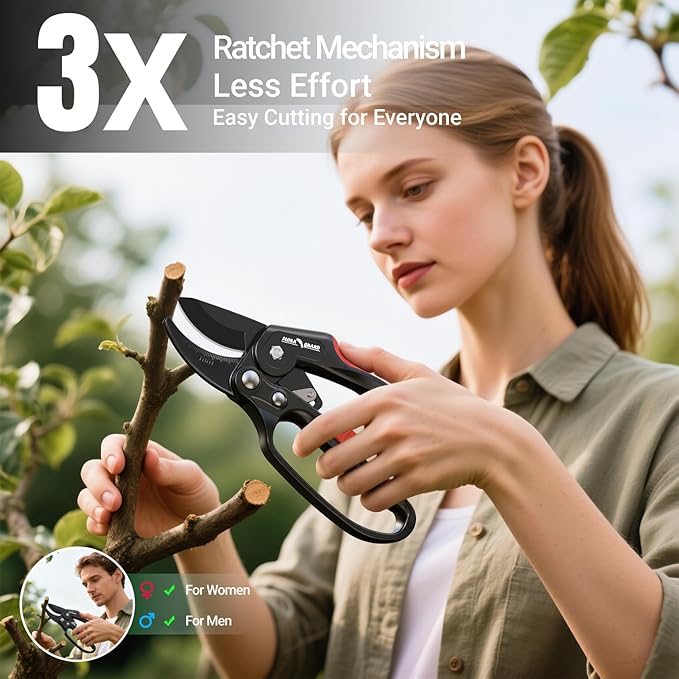 FLORA GUARD Ratchet Pruning Shears, Garden Shears with Reinforced Structure, 3x Cutting Power, Sharp Gardening Scissors for Branches up to 7/8 in, Ideal for Weak Hands