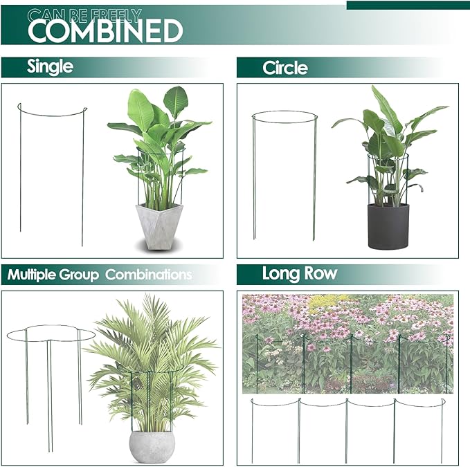 LKSSZS 12 Pack 24 inch Plant Support Stakes, Half-Round Metal Garden Flower Stakes, Large Peony Support Ring and Cage for Indoor and Outdoor Plants, Hydrangea, Tomato, Rose, Monstera with Plant Ties