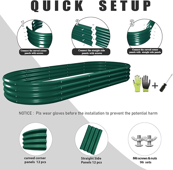 8 Pack 8x3x1FT Galvanized Raised Garden Bed Kit Oval Metal Ground Planter Box Outdoor Bottomless Planter Raised Beds for Vegetables Flowers Herbs Fruits, Green