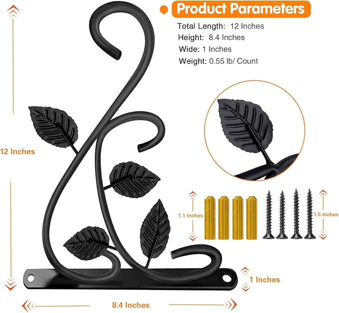 Hanging Plant Bracket, 12 Inch Wall Mount Hanger, Rust-Resistant Metal Plant Hanger for Flowers, Lanterns, Bird Feeders, Wind Chimes (Set of 1)