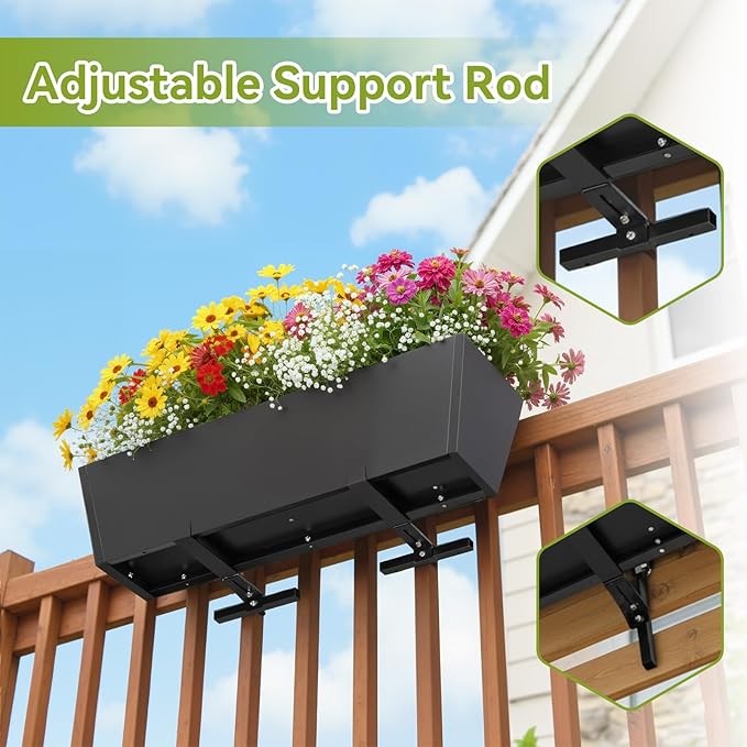 Railing Planter Box - Heavy Duty Window Boxes, 36” Deck Railing Planter Boxes with Adjustable Bracket, Deck Planters for Railing Outdoor Fence (2 Packs)