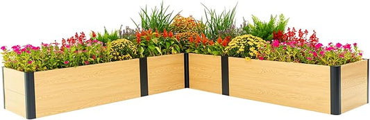 Vego garden Woodgrain Series Raised Garden Bed, 16" Tall Wooden-Look 8' x 8' L-Shaped Metal Planter Box Outdoor for Vegetables, Flowers, Herbs