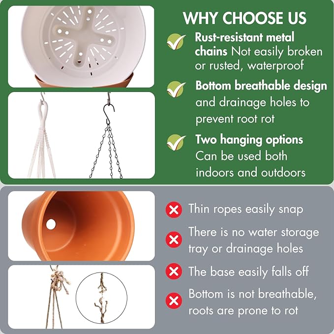 10 Inch Hanging Planters for Indoor Plants,Set of 2 Hanging Pots for Plants with Self-Watering, Outdoor Hanging Plant Pot with Drainage and 2 Kinds of Baskets Hangers for Home Decor and Garden