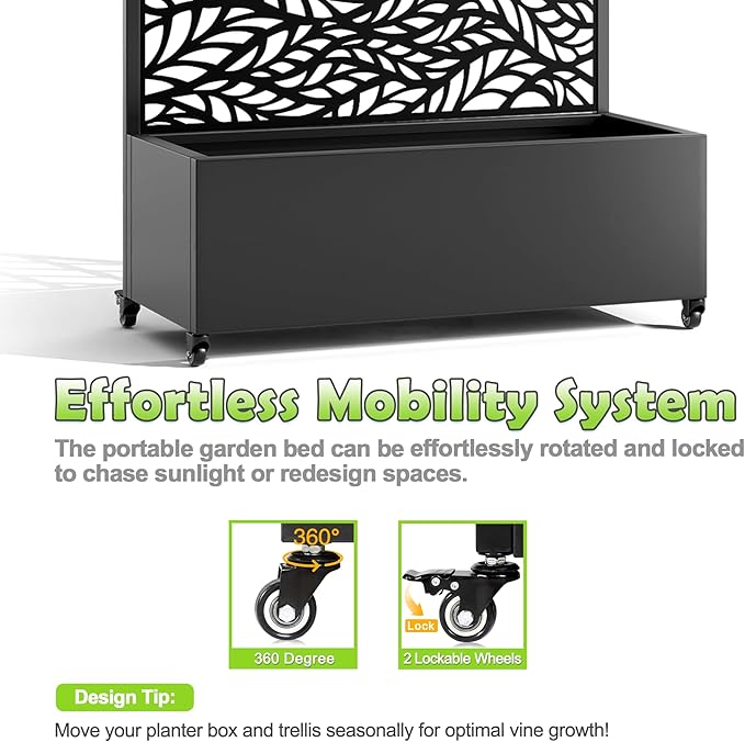 15.7"×70.9"×35.4" Metal Raised Garden Bed with Trellis and Wheels - Tall Trellis Planter Box for Climbing Plants, Vegetables & Vines - Outdoor Privacy Planters for Patio (Black-Spring)