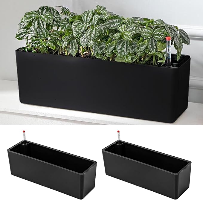 LaLaGreen Planter Box for Indoor Plants (16 Inch, 2 Pack) Black Rectangular Self Watering Flower Pot, Large Window Boxes Planters with Drainage Decorative Modern Balcony Windowsill Herbs Home Garden