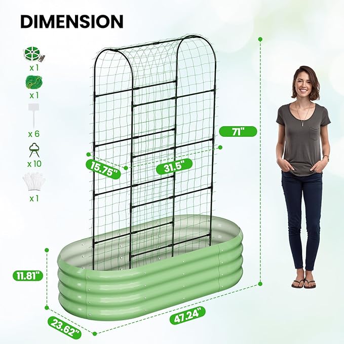 DoCred 2 in 1 Galvanized Raised Garden Bed, 1Pcs Garden Planter Box with 71" H Trellis for Climbing Plants, Outdoor Gardening Raised Beds with Climbing Net for Fruits, Vegetables, Flower (Green)