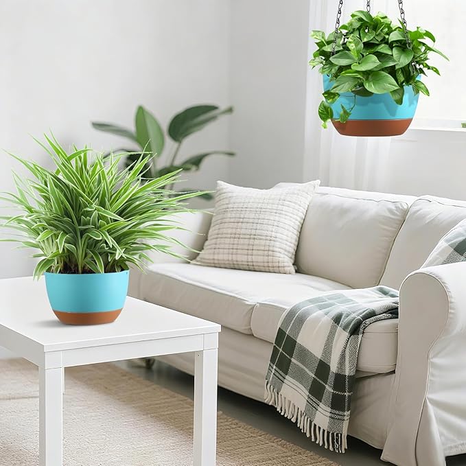 Set of 2 8 Inch Self Watering Hanging Planters for Indoor Outdoor Plants, Color Blocking Hanging Baskets Flower Pots with Drainage Hole & Removable Water-Storage Tray
