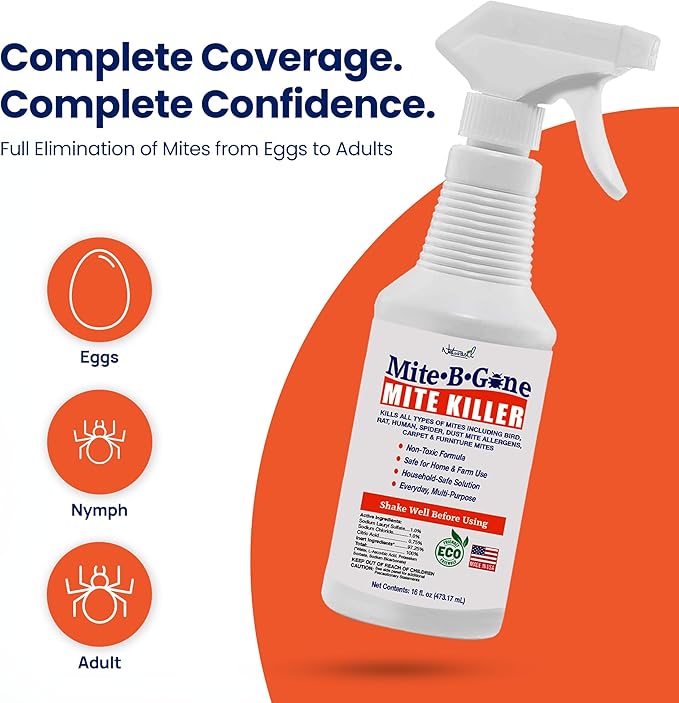 Mite Killer Spray by Mite-Be-Gone - 16oz | Naturally Kills Human Mites, Chicken, Bird, Dust, Spider, Rat, Turkey, Carpet Mites | Family & Pet Safe Treatment for Homes, Furniture, Bedding & Farms
