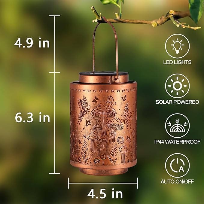2 Pack Solar Lanterns Outdoor Waterproof Garden Decor Gifts for Women Mon Grandma Metal Hanging Solar Lights Decoration for Outside LED Lanterns for Yard Patio Lawn(Mushroom)