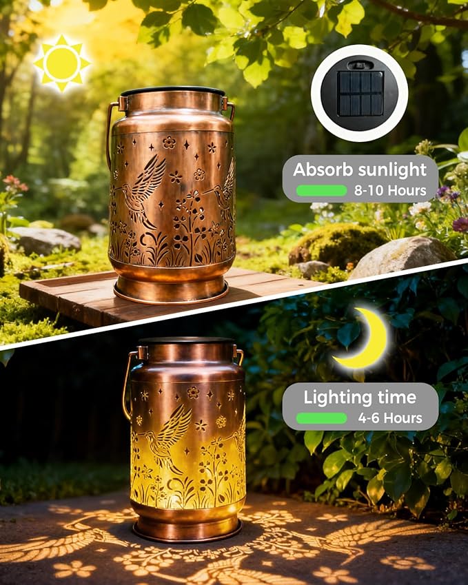 Christmas Gifts for Women,Solar Lanterns Outdoor Hanging Lantern Lights, Hummingird Hollowed-Out Metal Decor Lantern, Waterproof Decorative Garden Light - Delicate Garden Decoration for Patio, Yard