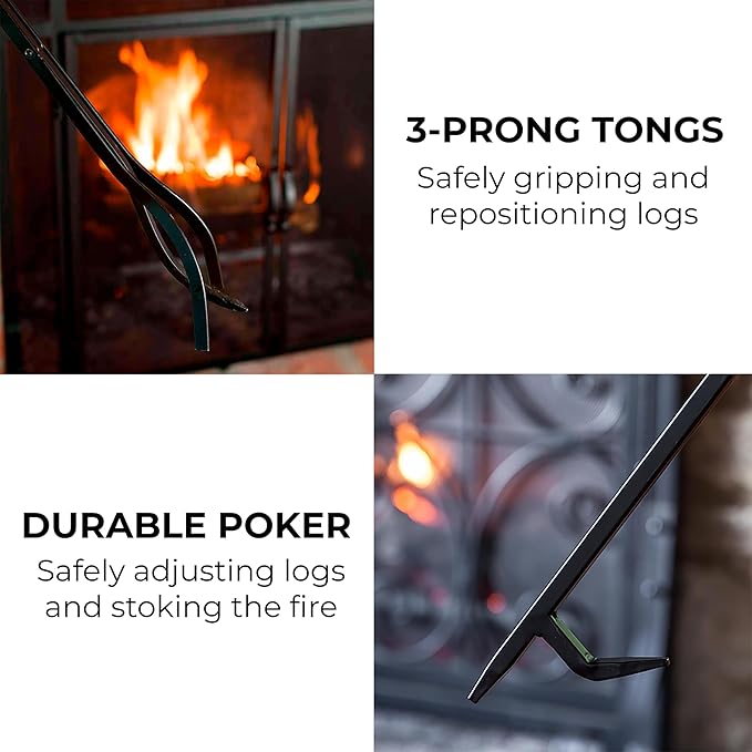Plow & Hearth 5 Piece Hand Forged Iron Compact Fireplace Tool Set 27.5" | Black Wrought Iron Handle for Outdoor Indoor | Stand Poker Shovel Brush Log Tongs Wood Stove Accessory