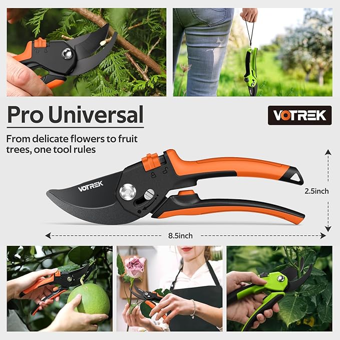 VOTREK Pruning Shears, [Patented Stepless Handle Opening] - Garden Clippers with Ultra-Sharp SK5 Steel for Weak Hand, Pruners Universal Fit for All Hand Sizes, Effortlessly Cuts 1-Inch Branches