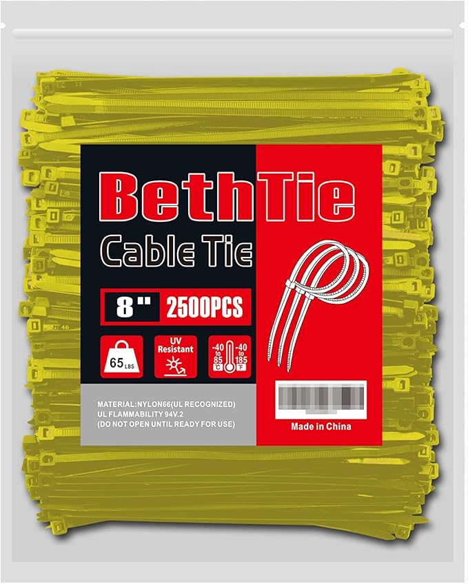 8 Inch Yellow Zip Ties (2500 Pack), 65 LBS Tensile Strength, Self-Locking Nylon PA66 UV Resistant Cable Ties for Indoor and Outdoor Use