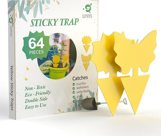 LFSYS 64 Pcs Sticky Trapz for gnat, Yellow Stick Traps for Plants, Fungus gnat Traps Double Side with Shovel, Indoor Safe for Gnat, Fruit Fly, White Fly, Aphid, Leaf Miner