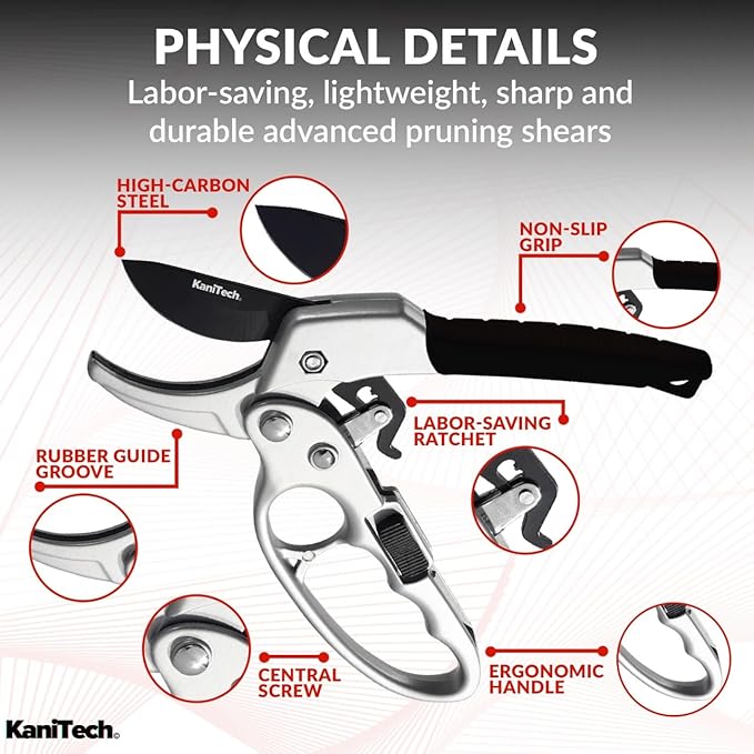KaniTech Pruning Shears for Gardening with Gloves - Heavy Duty Garden Shears, Aluminum Hand Pruners with TPR Grip Handle, 8 inch 3.55mm Thick Blade - for Branches, Flowers & Plants (Black Set of 2)