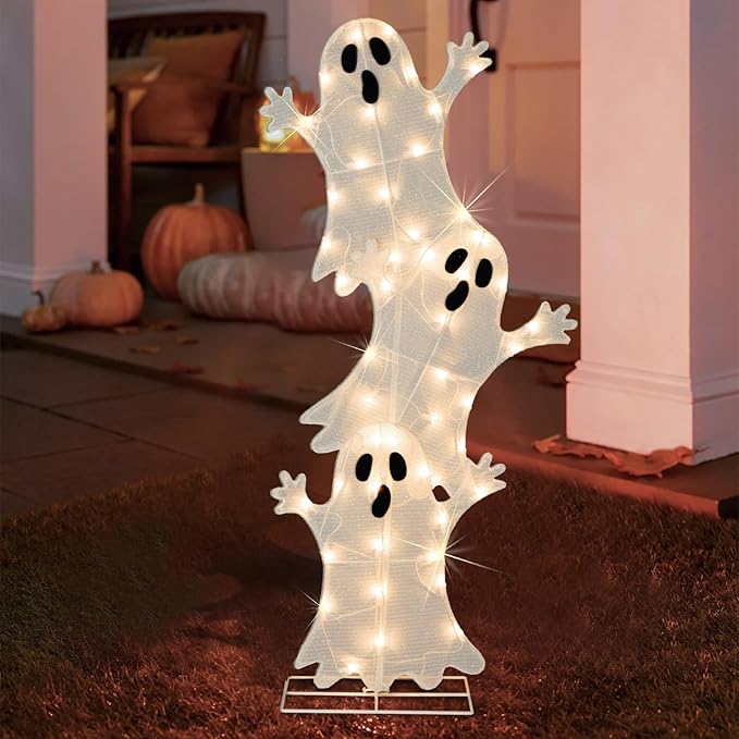 Halloween Lighted 3 Stacked Ghosts, 42’’ H Pre-Lit Lighted Ghosts with 50 Warm White Lights, Light Up Halloween Ghost Decoration for Indoor, Outdoor, Porch, Yard, Holiday Decor