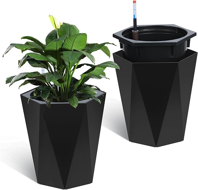 Set of 2 Tall Planters for Outdoor Plants, 16" Large Planter Pots with Drainage Holes & Water Level Monitor, Self-Watering Flower Pots for Patio, Porch, Garden, Front Door Decor, Indoor Outdoor