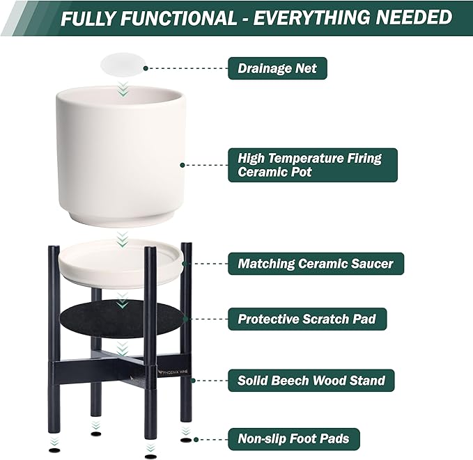 D'vine Dev Ceramic Planter with Ebony Stand - 14 Inch Modern Round Flower Pot with Wood Planter Holder, Oatmeal, 55-B-S-8