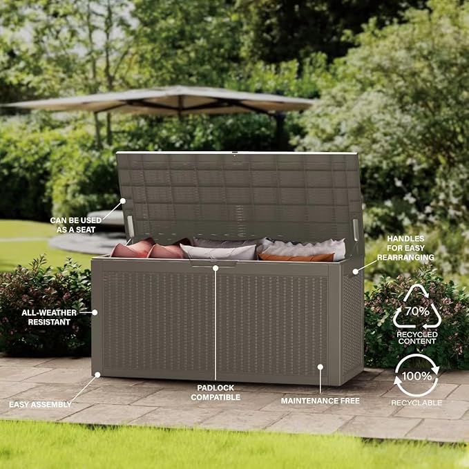 Mersco 100 Gallon Double-Wall Resin Deck Box - Lockable Waterproof Outdoor Storage Box, 1000lbs Capacity & Doubles as Seating for Patio Furniture - Garden Tools, Pool Accessories (Grey)