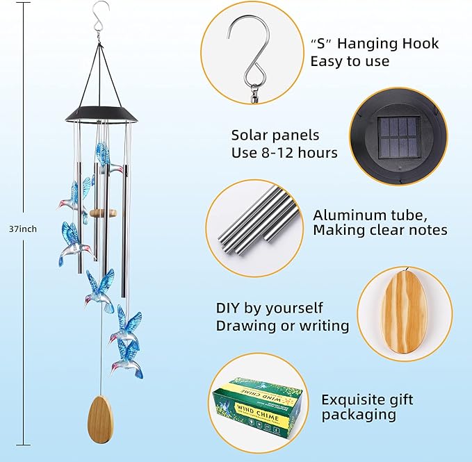 Wind Chimes,Hummingbird Solar Wind Chimes for Outside Color Changing,4 Aluminum Tubes Wind Bell for Garden/Patio Decor Thanksgiving Gifts for Mom, Wife, Grandma Neighbors(25 Inch Deep Tone)