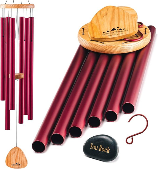 UpBlend XL Wind Chimes for Outside Gift – Deep Tone Wind Chime with Decorative Stone – Garden and Patio Décor for Porch or Yard, Elegant Outdoor Ornament, Meaningful Gift for Neighbors. 41” Red.