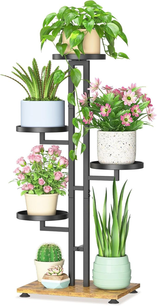 LASZOLA Black 4 Tiered Plant Stand Indoors Heavy Duty Metal Rack, Sturdy Multi Level Shleving Hold Flowers, Larger House Decorate Ladder for Planting Inside Tree Herb Cactus, Wooden Base, Space Saving